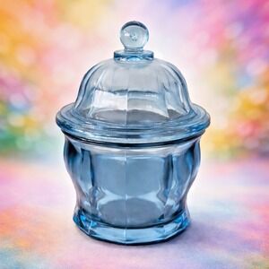 Vintage Indiana Glass ING3 Blue Small Panel Apothecary Jar w Lid 6.75"